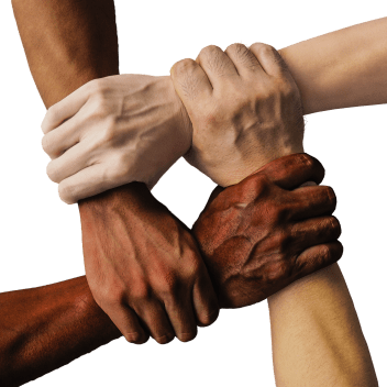 Four people holding each others wrists as a symbol of banding together